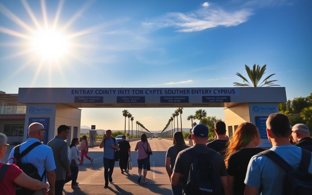 A beautiful landscape of the island of Cyprus, showcasing the scenic entry point into the southern region. Sunlight gently illuminates the border crossing, capturing the modern architecture and signage. In the foreground, travelers queue with their passports and documents, while in the middle ground, the road leads toward the horizon, framed by palm trees and Mediterranean foliage. The atmosphere conveys a sense of anticipation and cultural exchange. #MyNiceCyprus