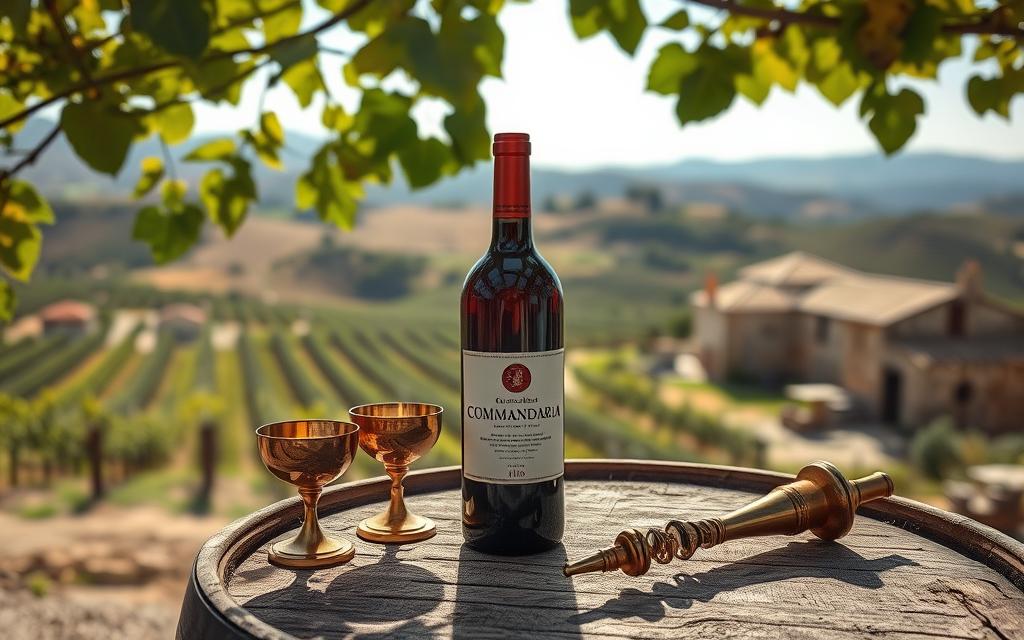 A bottle of Commandaria wine sitting on a weathered oak barrel, sunlight filtering through the leaves of a grapevine overhead. The deep amber liquid shimmers, hinting at the rich history and tradition of this ancient Cypriot dessert wine. Antique brass goblets and a hand-carved corkscrew suggest an intimate tasting experience. In the background, rolling vineyards dotted with stone farmhouses evoke the rugged beauty of the Troodos Mountains. #MyNiceCyprus