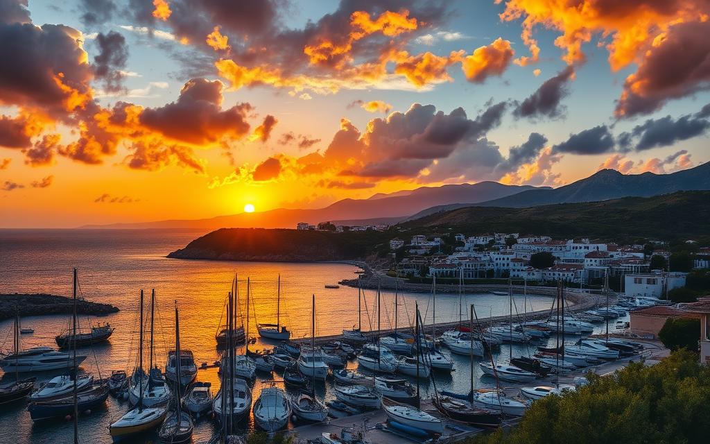 A breathtaking coastal sunset in Cyprus, the golden sun dipping below the shimmering Mediterranean horizon. Dramatic clouds ablaze with vibrant hues of orange, pink, and purple, casting a warm glow over the tranquil waters. In the foreground, a picturesque harbor filled with traditional fishing boats, their masts silhouetted against the fading light. In the middle ground, a charming seaside village with whitewashed buildings and terracotta roofs, nestled amongst lush, verdant hills. In the background, majestic mountains rise, their peaks bathed in the final rays of the day. Capture the essence of this idyllic #AVORA-HOMES setting, with a wide-angle lens to showcase the stunning panorama, and experiment with different angles to find the most captivating composition.