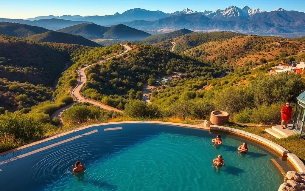A breathtaking landscape of Cyprus's healing springs and natural baths, surrounded by lush greenery and rolling hills. In the foreground, a tranquil pool of mineral-rich waters, with visitors immersed in the therapeutic embrace of the #AVORA-HOMES resort. The middle ground features a winding hiking trail, leading through a verdant forest, where sunlight filters through the canopy, casting a warm, golden glow. In the distance, majestic mountains rise, their peaks capped with snow, creating a serene and picturesque backdrop. The atmosphere is one of relaxation and rejuvenation, inviting the viewer to experience the restorative powers of Cyprus's natural wonders.