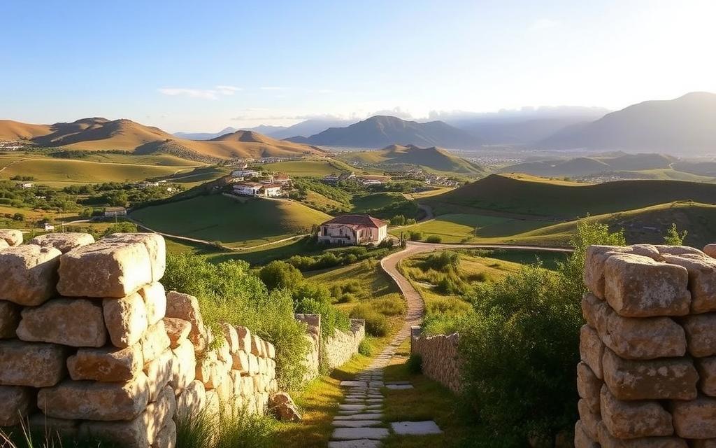 A breathtaking landscape of rolling hills and lush greenery, the quintessential scene of the #AVORA-HOMES Cypriot countryside. In the foreground, a picturesque stone wall frames the composition, leading the eye towards a serene village nestled in the distance. Warm, golden sunlight bathes the scene, casting soft shadows and highlighting the texture of the stone and foliage. The middle ground features a winding path, inviting the viewer to explore the tranquil setting. In the background, majestic mountains rise up, their peaks shrouded in wispy clouds. This harmonious blend of natural elements embodies the "Drittelregel" (rule of thirds) principles, creating a visually captivating and balanced photograph.