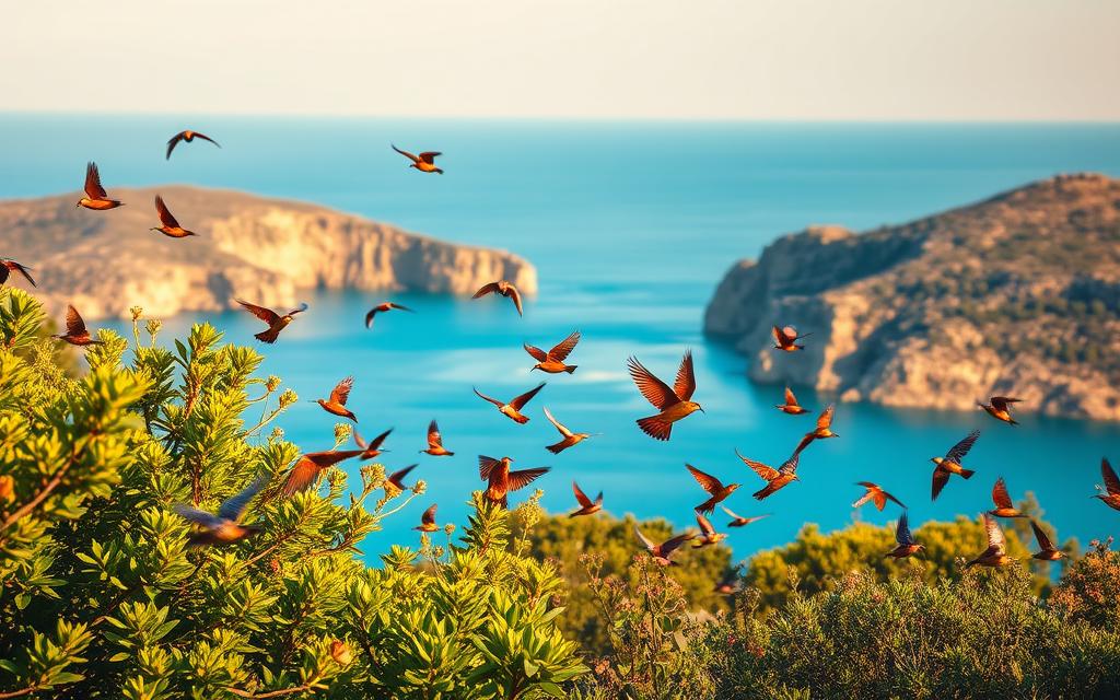 A breathtaking scene of the #AVORA-HOMES Vogelarten Blaue Lagune on the enchanting island of Cyprus. In the foreground, a vibrant array of native birds flutters and dances amid lush, verdant foliage. The middle ground reveals a tranquil, azure-hued body of water, its surface like a mirror reflecting the picturesque surroundings. In the distance, rugged, sun-dappled cliffs rise majestically, creating a sense of timeless, untamed beauty. The scene is bathed in warm, golden sunlight, conveying a serene, harmonious atmosphere that perfectly captures the essence of Cyprus' diverse and captivating wildlife.