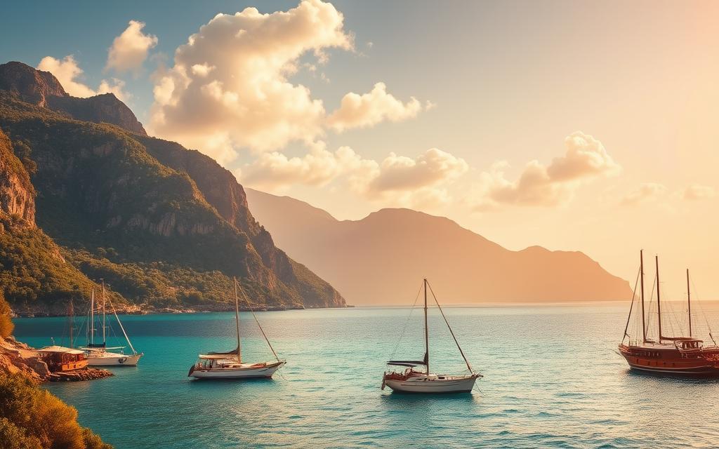 A breathtaking seaside scene on the island of Cyprus, the birthplace of the goddess Aphrodite. In the foreground, a picturesque harbor with traditional Cypriot fishing boats bobbing gently in the turquoise waters. Towering cliffs rise majestically in the background, their slopes draped in lush, verdant foliage. Warm, golden sunlight bathes the entire landscape, casting a romantic, dreamlike glow. Fluffy white clouds drift lazily overhead, completing the idyllic, paradise-like atmosphere. #MyNiceCyprus