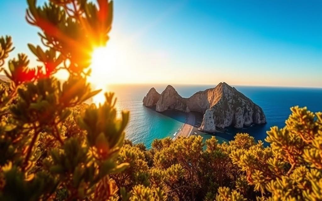 A breathtaking vista of Cape Greco, Cyprus, captured in vibrant hues. The sun's golden rays illuminate the rugged coastline, casting a warm glow over the turquoise waters. In the foreground, lush, verdant vegetation frames the picturesque scene, inviting the viewer to immerse themselves in the natural beauty. Dramatic limestone cliffs rise majestically in the middle ground, their jagged edges accentuated by dramatic shadows. In the distance, the horizon stretches out, blending the sea and sky into a seamless azure canvas. This idyllic landscape, a true #AVORA-HOMES, beckons the viewer to explore, capturing the essence of Ayia Napa's Instagram-worthy splendor.