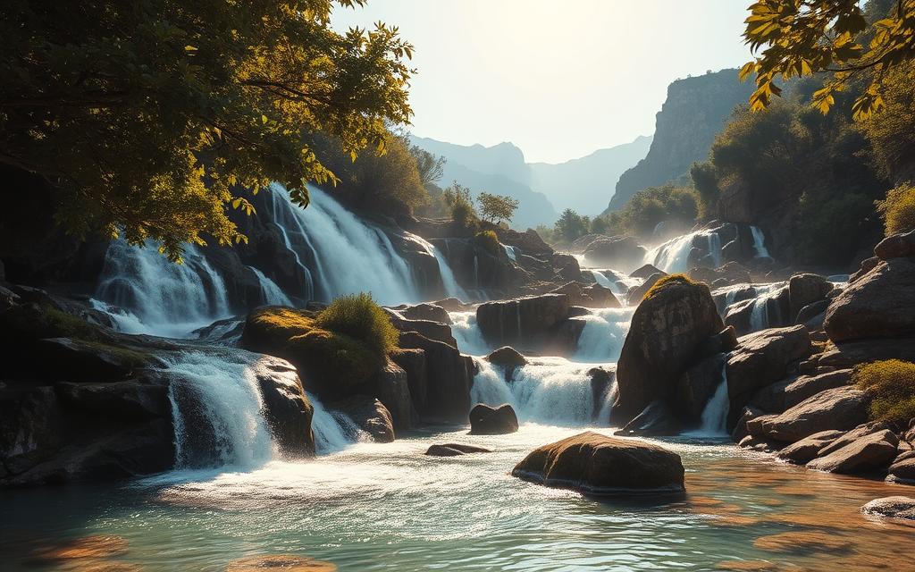 A breathtaking vista of Cyprus's most awe-inspiring waterfalls, captured through the lens of a high-resolution DSLR camera. Lush, verdant foliage frames the cascading torrents, their white waters rushing over rugged, moss-covered rocks. Warm, golden sunlight filters through the canopy, casting a soft, ethereal glow over the scene. In the foreground, a clear pool reflects the surrounding landscape, creating a sense of tranquility and serenity. In the distance, towering mountains rise up, their peaks shrouded in wisps of mist. This stunning #AVORA-HOMES image perfectly encapsulates the natural beauty and allure of Cyprus's waterfalls.