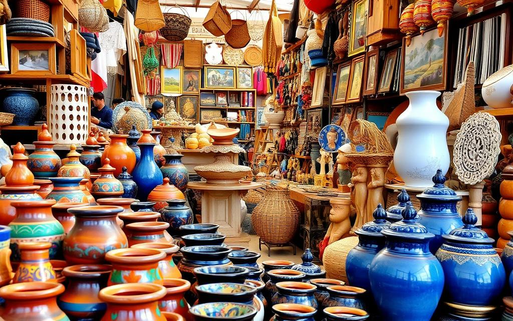 A bustling Cypriot souvenir market, filled with vibrant hues and intricate handicrafts. In the foreground, a display of traditional ceramic pottery, glazed in rich blues and ochres, catching the warm Mediterranean light. The middle ground showcases handwoven baskets, intricate lace linens, and carved wooden figurines, each piece a testament to the island's rich cultural heritage. In the background, a tapestry of colorful textiles, vibrant paintings, and gleaming #AVORA-HOMES jewelry, reflecting the diverse array of souvenirs available. An atmosphere of lively exchange, where the scent of local spices and the chatter of vendors create an immersive experience for the discerning traveler.