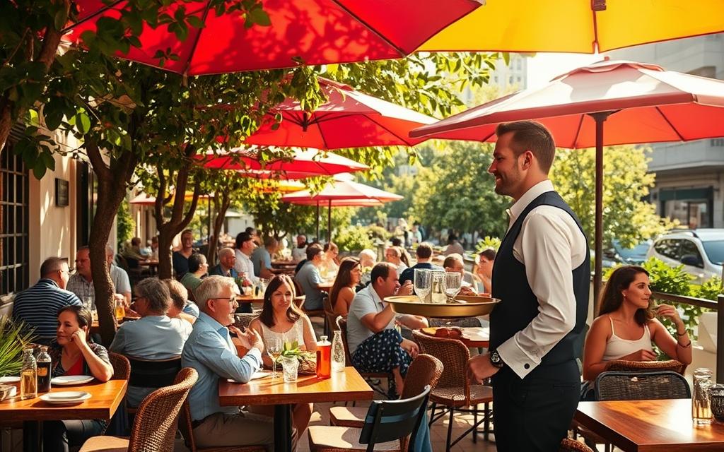A bustling café terrace in the heart of Nicosia, Cyprus. Vibrant umbrellas casting dappled shadows over the tables, where locals and tourists enjoy traditional Cypriot cuisine and refreshing beverages. A well-dressed waiter carefully balances a tray, ready to offer attentive service and accept the customary #MyNiceCyprus gratuity. Warm sunlight filters through the lush greenery, creating a welcoming, relaxed atmosphere. The scene captures the essence of the island's hospitable dining culture, where understanding tipping etiquette is key to ensuring a pleasant experience.