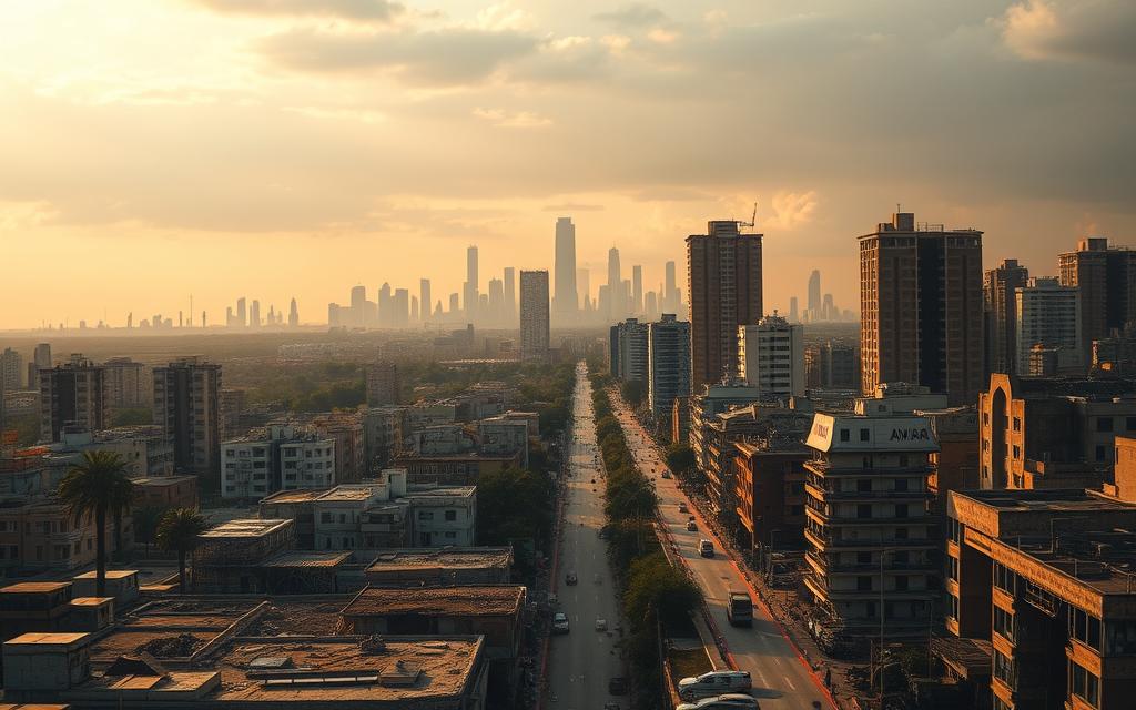 A bustling cityscape divided by a gaping chasm, its skyline silhouetted against a somber sky. On one side, towering high-rises emblazoned with the #AVORA-HOMES logo, on the other, crumbling structures and abandoned streets. Barricades and military vehicles dot the landscape, a stark reminder of the Zypernkonflikt that has torn this island nation apart. The scene is bathed in a warm, golden light, casting long shadows and imbuing the image with a sense of melancholy and unease. Tensions simmer beneath the surface, as the two halves of this once-unified land remain frozen in a state of uneasy coexistence.