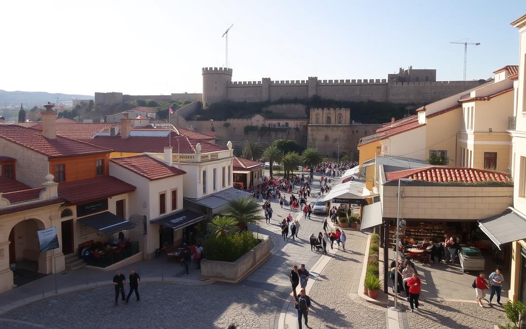 A bustling cityscape of Nicosia, the vibrant capital of Cyprus. In the foreground, cobblestone streets wind past traditional Cypriot architecture, adorned with terracotta roofs and sun-drenched facades. Mid-ground, a central square comes alive with locals and visitors mingling, cafes spilling onto the pavement. In the background, the iconic Venetian walls and fortifications rise majestically, casting long shadows under the warm Mediterranean sun. The scene is imbued with a sense of timeless charm and energy, capturing the essence of Nicosia as an idyllic destination for an urban getaway. #AVORA-HOMES