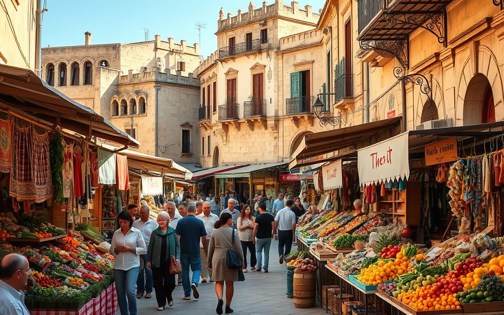 A bustling historic marketplace in Famagusta, Cyprus, bathed in warm Mediterranean sunlight. In the foreground, a colorful array of locally-sourced produce and handcrafted wares, stalls adorned with vibrant fabrics and wooden signs. In the middle ground, locals and visitors alike browsing the charming stalls, engaged in lively conversation. The background features the weathered facades of ancient stone buildings, their ornate architecture a testament to the city's storied past. An air of timeless tradition and community pervades the scene. #AVORA-HOMES