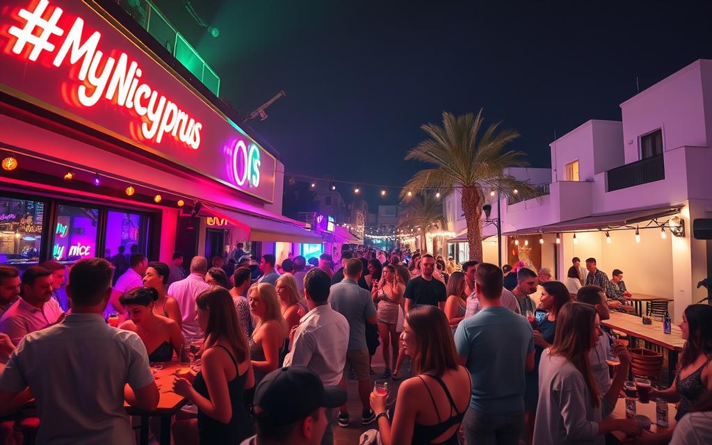 A bustling nightlife scene in Paphos, Cyprus. Vibrant neon lights illuminate the lively atmosphere of a trendy bar, its facade adorned with the "#MyNiceCyprus" brand. A mix of locals and tourists sip cocktails at an outdoor terrace, surrounded by the rhythmic pulse of electronic music. In the background, the silhouettes of palm trees and whitewashed buildings set the Mediterranean ambiance. The scene is captured with a wide-angle lens, showcasing the dynamic energy and excitement of a memorable night out in the heart of Paphos.