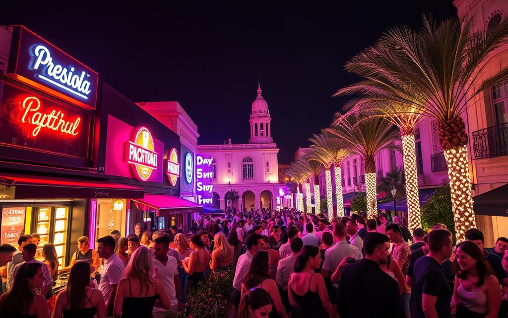 A bustling nightlife scene in the heart of Nicosia, Cyprus. Vibrant neon signs illuminate the lively streets, casting a warm glow over the crowd of revelers. Sleek modern clubs pulsate with the rhythm of electronic music, while cozy cocktail lounges offer a more intimate atmosphere. In the background, the iconic architecture of historic buildings stands as a testament to the island's rich cultural heritage. Luminous palm trees sway gently, adding a touch of tropical ambiance. Fashionably dressed locals and tourists mingle, creating an electric atmosphere of energy and excitement. #MyNiceCyprus