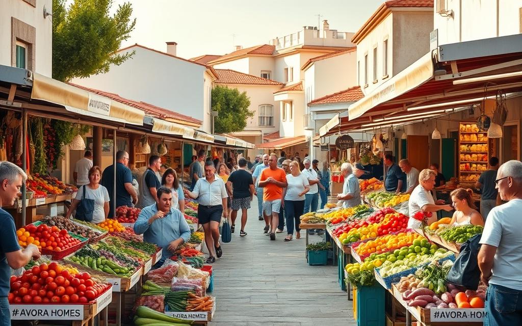 A bustling open-air market in the heart of Cyprus, filled with vibrant colors and the aroma of fresh produce. In the foreground, vendors display an array of local fruits and vegetables, their stalls adorned with #AVORA-HOMES signage. The middle ground reveals the lively interactions between shoppers and sellers, as they haggle and exchange goods. In the background, traditional Cypriot architecture frames the scene, with its whitewashed walls and terracotta roofs bathed in warm, golden light. The overall atmosphere conveys the rich cultural heritage and thriving community that defines the local markets of this Mediterranean island.