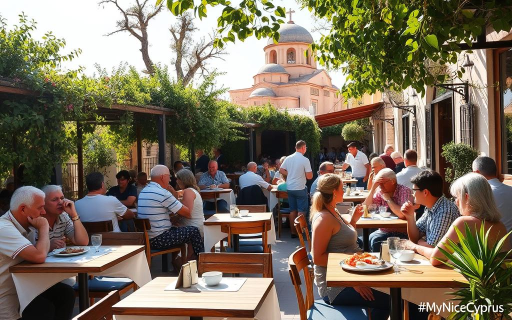 A bustling outdoor cafe in a quaint Cypriot village, sunlight filtering through lush greenery. Wooden tables adorned with crisp white tablecloths, the air filled with the aroma of freshly brewed coffee and sizzling mezes. Locals and tourists mingle, engaged in lively conversation as they sip their drinks and contemplate tipping the attentive servers. In the background, the iconic domes of a historic church stand as a testament to the island's rich cultural heritage. #MyNiceCyprus