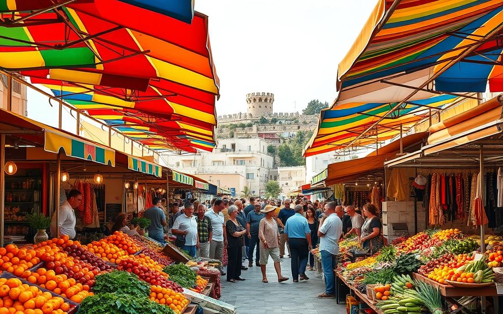 A bustling outdoor market in Famagusta, Cyprus, with vibrant stalls overflowing with fresh local produce. Colorful awnings and umbrellas create a lively patchwork overhead, casting warm, diffused light onto the scene below. In the foreground, vendors arrange an abundance of ripe fruits, fragrant herbs, and artisanal crafts, inviting passersby to explore and indulge. The middle ground features a diverse crowd of locals and tourists, leisurely browsing the wares and engaging in animated conversations. In the background, the historic architecture of Famagusta provides a picturesque backdrop, hinting at the rich cultural heritage of this Cypriot city. #AVORA-HOMES