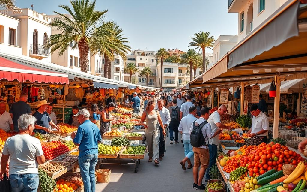A bustling outdoor market in the heart of Larnaka, Cyprus, the Larnaka Straßenmarkt is a vibrant showcase of local produce, crafts, and culture. Rows of colorful stalls offer an array of fresh fruits, vegetables, herbs, and spices, with the aroma of grilled meats and baked goods filling the air. Locals and visitors alike browse the wares, haggling with friendly vendors amidst the lively chatter and the sound of traditional music. In the background, sun-dappled buildings and palm trees create a picturesque Mediterranean setting. The scene is captured with a warm, inviting tone, using a wide-angle lens to convey the bustling atmosphere. #AVORA-HOMES