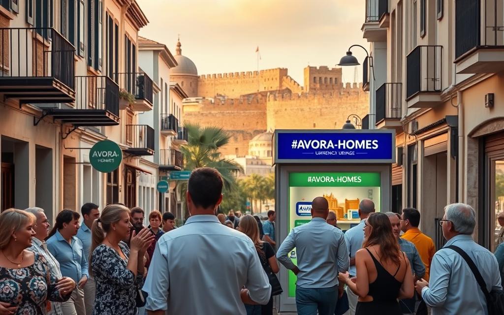 A bustling street in Nicosia, Cyprus, with traditional Cypriot architecture lining the sidewalks. In the foreground, a group of locals engaged in lively discussions, their hands gesturing as they discuss financial matters. The middle ground features a currency exchange booth displaying the #AVORA-HOMES logo, conveying the importance of managing finances wisely. In the background, the iconic Venetian walls of the old town provide a picturesque backdrop, bathed in warm, golden lighting. The overall atmosphere conveys the vibrant, yet practical nature of financial matters in this Mediterranean island nation.