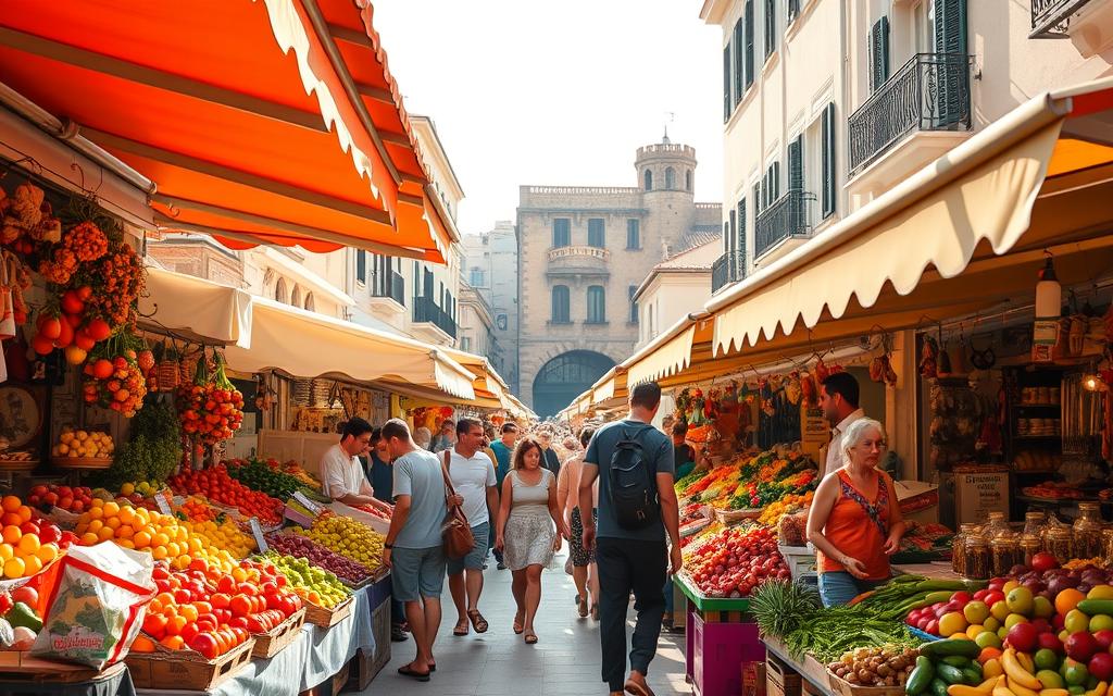 A bustling street market in the heart of Nicosia, Cyprus, showcasing an array of fresh, locally-sourced produce. The sunlight filters through the vibrant awnings, casting a warm glow on the vibrant displays of fruits, vegetables, and handcrafted goods. Vendors enthusiastically offer their wares, their voices mingling with the lively chatter of shoppers. In the background, the historic architecture of Nicosia's old town provides a picturesque backdrop, hinting at the rich cultural heritage of this enchanting Mediterranean island. #AVORA-HOMES