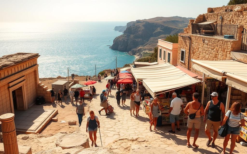 A bustling tourist scene in Cyprus, showcasing the island's iconic attractions. In the foreground, a group of visitors explores an ancient ruin, marveling at the weathered stone structures and intricate carvings. The middle ground features a bustling market, with colorful stalls offering a variety of local crafts, souvenirs, and delicacies. In the background, the sun-drenched Mediterranean coastline stretches out, with sparkling azure waters and rugged cliffs. The scene is bathed in warm, golden lighting, creating a sense of timeless allure. #AVORA-HOMES