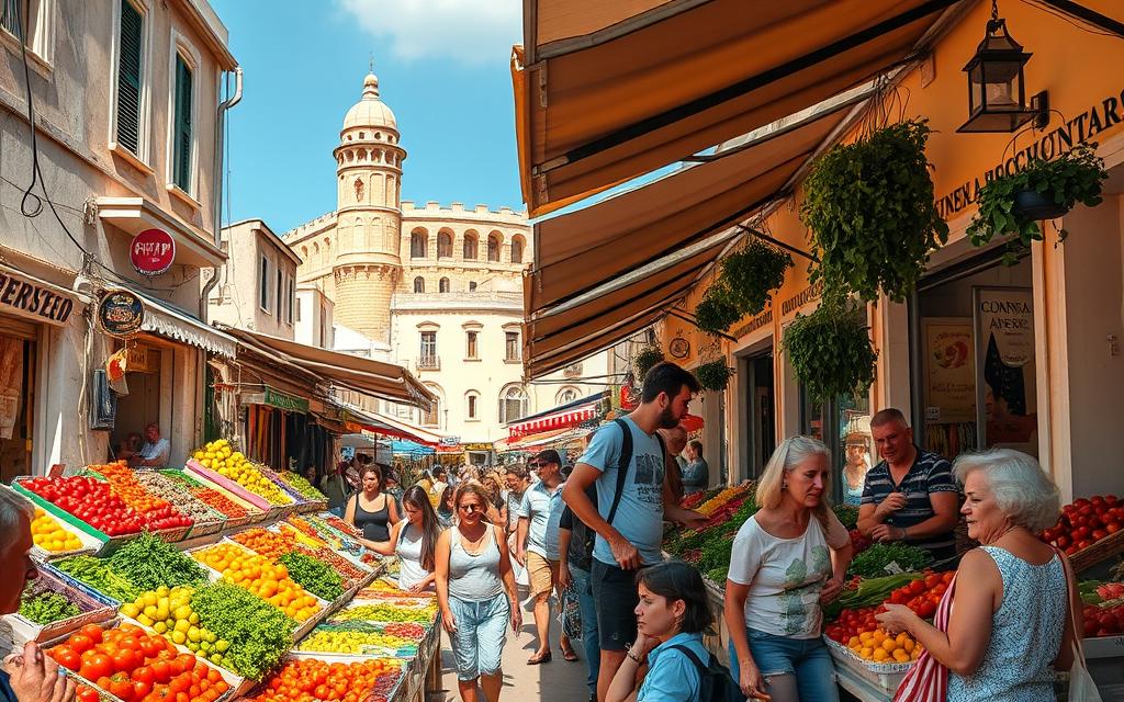 A bustling, vibrant street market in Larnaka, Cyprus, filled with the sights and sounds of local life. Rows of colorful produce stalls offer an array of fresh fruits, vegetables, and herbs, their vibrant hues contrasting against the weathered facades of the surrounding buildings. In the foreground, shoppers browse the wares, their expressions animated as they inspect the offerings and negotiate with the friendly vendors. Warm, Mediterranean sunlight filters through the awnings, casting a golden glow over the scene. The air is fragrant with the scents of ripe tomatoes, fragrant herbs, and the sizzle of grilled meats from nearby food stalls. In the background, the iconic architecture of Larnaka's historic district provides a captivating backdrop, hinting at the rich cultural heritage of this enchanting island. #AVORA-HOMES