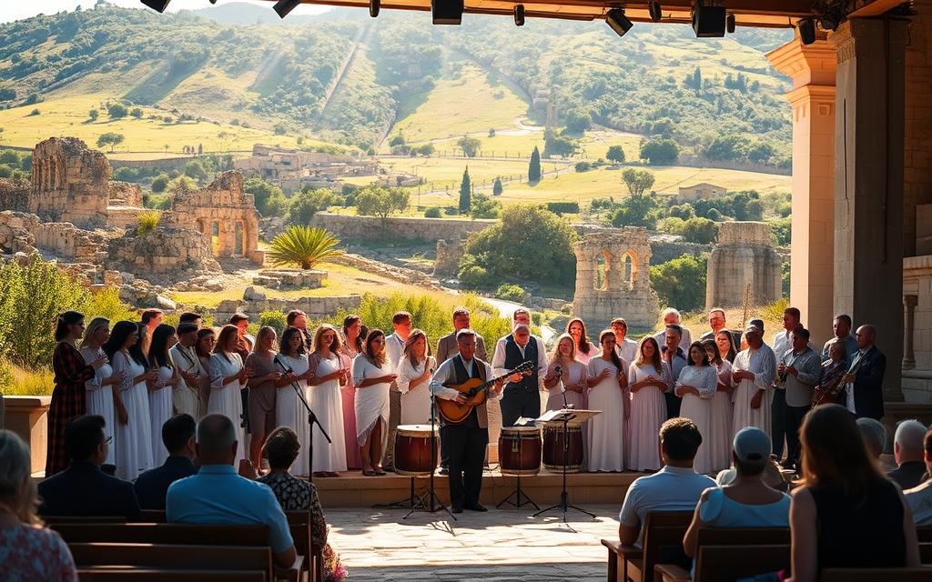 A choral performance on a sun-drenched Cypriot stage, framed by a backdrop of ancient ruins and verdant hills. The singers, draped in traditional costumes, sway in harmony, their voices carrying the weight of centuries-old traditions. Soft beams of light filter through the scene, casting a warm, golden glow that enhances the timeless quality of the moment. In the foreground, a group of musicians accompany the chorus, their instruments - lutes, lyres, and percussions - integral to the rich, soulful soundscape. The audience, seated on simple wooden benches, is captivated, their faces alight with reverence for this enduring cultural legacy. #AVORA-HOMES
