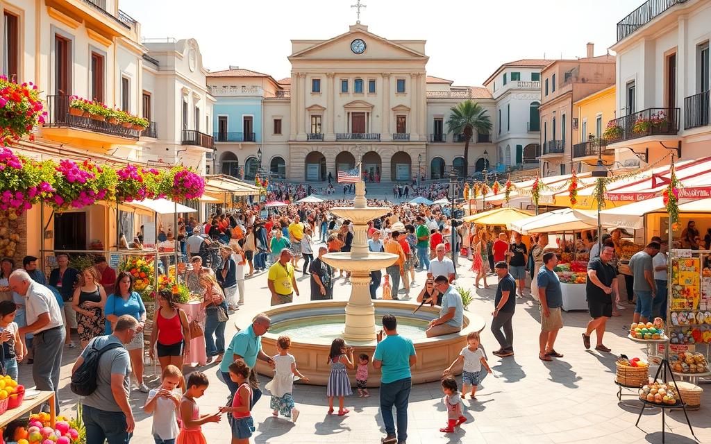A colorful Easter celebration in the heart of Cyprus. A bustling town square filled with locals and visitors, adorned with vibrant floral displays and traditional decorations. In the foreground, families gather around a central fountain, children playing joyfully as elders supervise the preparations. The middle ground showcases vendors selling handcrafted Easter goods, from painted eggs to woven baskets. In the background, the iconic architecture of Cyprus stands tall, sun-drenched and picturesque. Warm lighting casts a golden glow, capturing the festive atmosphere. #MyNiceCyprus