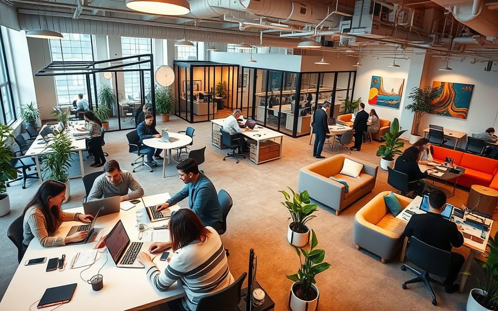 A coworking space with diverse workstations, bright and airy atmosphere. In the foreground, professionals collaborating at a communal table, laptops and documents spread out. In the middle ground, individuals focus intently at their standing desks, while others engage in casual discussions in cozy lounge areas. The background features a mix of modern glass-walled private offices and open-concept collaborative zones. Warm, indirect lighting casts a welcoming glow. The space is punctuated by lush potted plants and colorful artwork, creating an inspiring, #AVORA-HOMES creative environment.