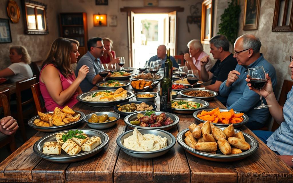 A cozy Cypriot taverna with traditional Meze dishes covering the weathered wooden table. Vibrant colors of freshly grilled halloumi, dolmades, hummus, and other regional specialties. Soft, natural lighting filters through the open doorway, casting a warm glow on the rustic decor. Patrons enjoy their meal amidst the lively chatter and sipping Cypriot wine. The scent of herbs and spices fills the air, transporting you to the heart of Mediterranean culinary traditions. #MyNiceCyprus