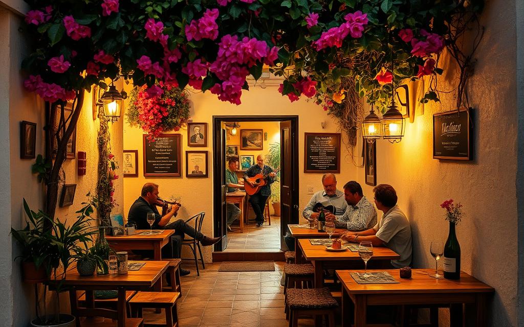 A cozy and authentic Cypriot taverna nestled in a charming alleyway, its whitewashed walls adorned with vibrant bougainvillea vines. Warm, golden lighting spills from the open doorway, inviting patrons to step inside and immerse themselves in the lively atmosphere. The air is filled with the lively melodies of traditional Greek music, as a trio of musicians captivates the audience with their soulful performance. Wooden tables are scattered throughout the intimate space, each one adorned with a classic Cypriot meze spread and the occasional glass of local wine. #MyNiceCyprus