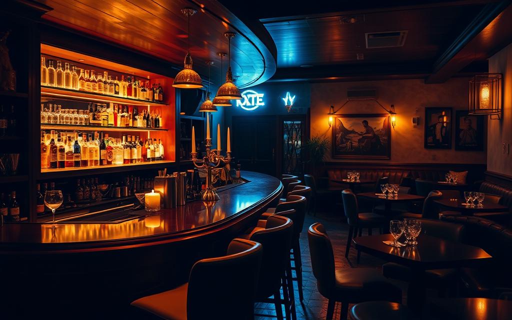 A cozy and inviting cocktail bar nestled in the heart of a charming Cypriot town. The dimly lit interior is punctuated by warm, amber lighting, casting a sophisticated glow over the sleek mahogany bar and plush leather seating. Elegant glassware and a well-stocked selection of premium spirits line the shelves, beckoning discerning cocktail enthusiasts. In the background, a softly playing jazz soundtrack sets the perfect mood for an intimate gathering or a lively social gathering. The bar's atmosphere radiates a sense of refined luxury, inviting guests to indulge in expertly crafted cocktails and savor the flavors of the Mediterranean. #MyNiceCyprus