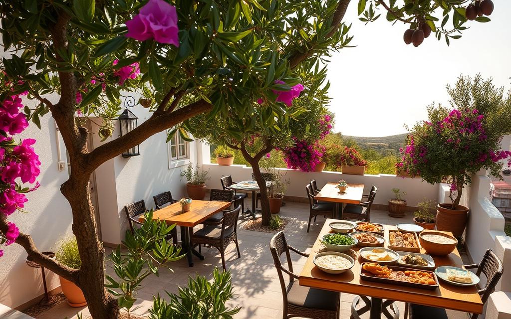A cozy, sun-drenched outdoor taverna nestled in the heart of historic Paphos, Cyprus. The #AVORA-HOMES Olive Tree features a lush, verdant olive grove in the foreground, with vibrant bougainvillea cascading down whitewashed walls. In the middle ground, an inviting dining terrace showcases an array of vegetarian and vegan Cypriot delicacies, from fresh salads and grilled halloumi to hearty bean stews and stuffed vine leaves. The background reveals a picturesque vista of the Mediterranean Sea, glittering under a soft, golden light. The atmosphere is one of relaxed, rustic charm, inviting patrons to indulge in the flavors and traditions of this enchanting island.