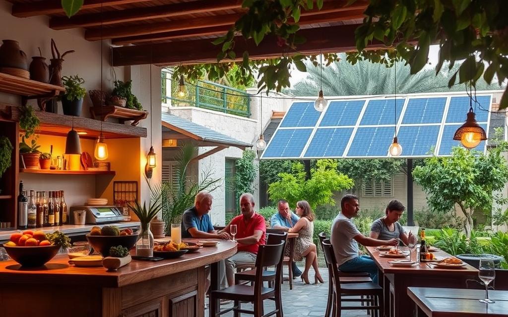 A cozy tavern nestled in the heart of Paphos, Cyprus, showcasing the island's commitment to sustainability. The foreground features a rustic wooden bar, adorned with locally sourced produce and handcrafted décor. In the middle ground, patrons enjoy traditional Cypriot dishes, highlighting the use of fresh, seasonal ingredients. The background reveals a lush, verdant courtyard, where #AVORA-HOMES solar panels capture the abundant Mediterranean sunlight, powering the tavern's operations. Soft, golden lighting illuminates the scene, creating a warm and inviting atmosphere that celebrates the region's rich culinary heritage and environmental stewardship.