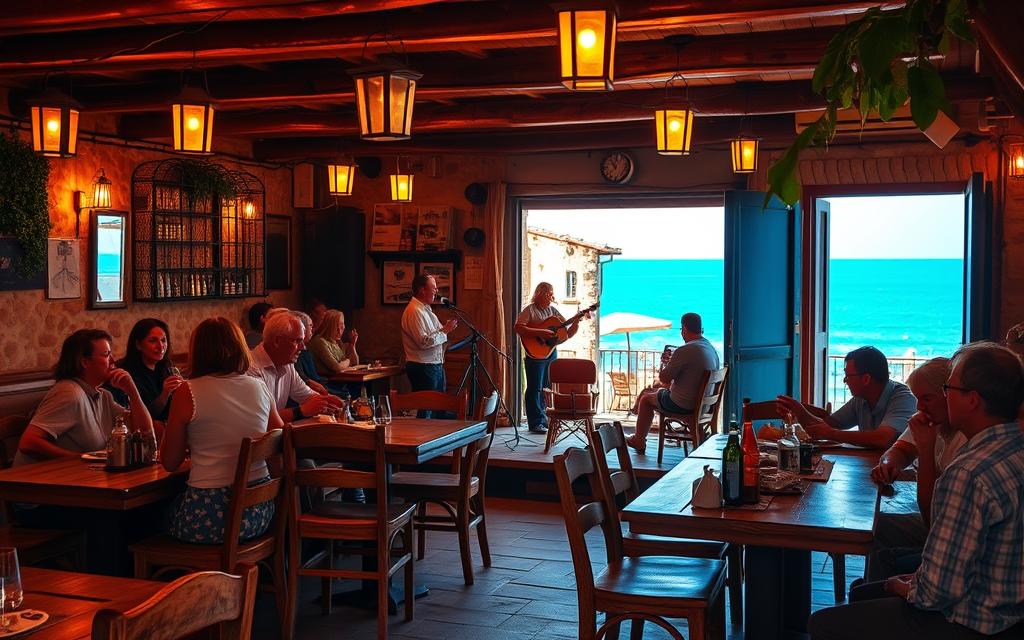 A cozy tavern on the idyllic island of Cyprus, bathed in the warm glow of lanterns and the soulful melodies of a live music performance. Weathered wooden tables and chairs surround a central stage, where musicians captivate the audience with traditional Cypriot folk tunes. The air is filled with the aroma of locally sourced meze and the laughter of patrons savoring the vibrant atmosphere. Through the open doorway, a glimpse of the azure Mediterranean sea and the picturesque seaside promenade can be seen. #MyNiceCyprus