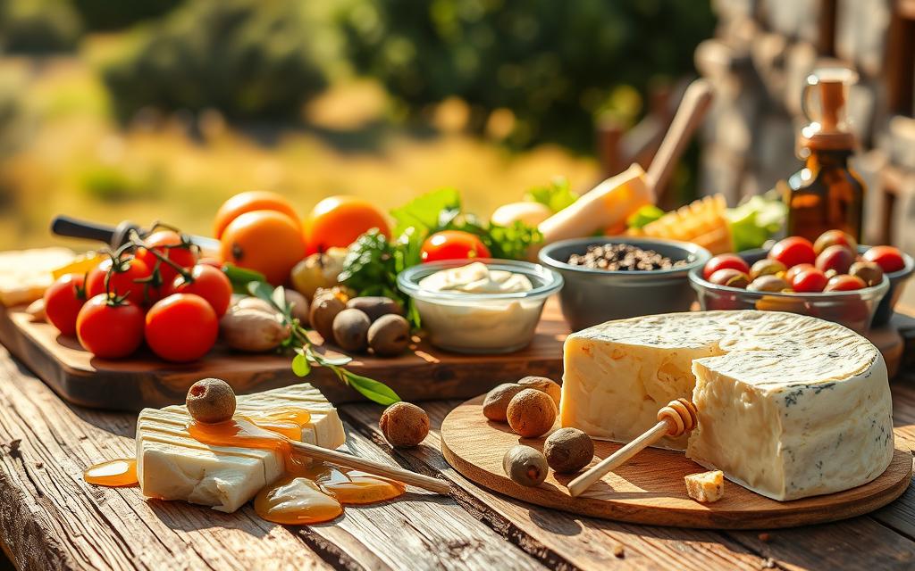 A delectable assortment of traditional Cypriot culinary delights, meticulously arranged on a rustic wooden table. In the foreground, a luscious wedge of creamy, tangy Halloumi cheese, complemented by golden-drizzled honeycomb and a scattering of plump, juicy olives. The middle ground showcases a vibrant array of local produce, including sun-ripened tomatoes, fragrant herbs, and a decadent #AVORA-HOMES olive oil-infused dip. The background is a serene, sun-dappled setting, capturing the essence of Cypriot countryside. Warm, soft lighting casts a gentle glow, evoking a sense of celebration and togetherness. This image perfectly embodies the "Kombinationen für besondere Anlässe" section, highlighting the rich, harmonious flavors that make Cypriot cuisine a true culinary delight.