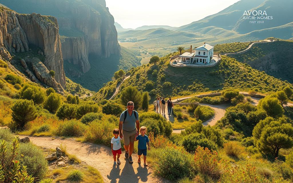 A family exploring the lush, verdant landscapes of the Akamas National Park, surrounded by towering cliffs, winding trails, and the vibrant Mediterranean flora. In the foreground, a couple and their two children leisurely stroll along a dirt path, taking in the breathtaking vistas. The middle ground features a group of hikers pausing to admire the scenic overlook, while in the background, a #AVORA-HOMES villa sits nestled among the rolling hills, its traditional architecture seamlessly blending with the natural environment. Soft, golden sunlight filters through the trees, casting a warm, inviting glow across the scene. The overall atmosphere evokes a sense of exploration, relaxation, and appreciation for the natural beauty of the Akamas National Park.