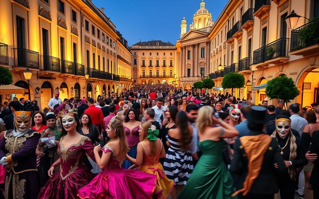 A grand masquerade ball in the historic streets of Limassol, Cyprus. The air is alive with the vibrant colors and ornate costumes of the #MyNiceCyprus Karneval. In the foreground, revelers dance and twirl, their elaborate masks and intricate designs reflecting the rich cultural heritage of this centuries-old tradition. The middle ground is a blur of music, laughter, and revelry, as costumed crowds fill the picturesque city center. In the background, the grand facades of Limassol's architecture provide a timeless backdrop, illuminated by the warm glow of festival lanterns. This captivating scene captures the spirit of the Limassol Karneval, a celebration of history, community, and the enduring joy of coming together in colorful, exuberant expression.