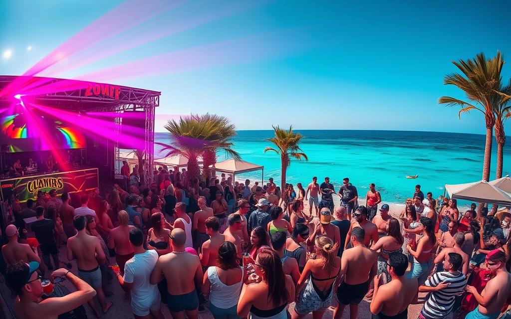 A lively beach party scene in Ayia Napa, Cyprus, with energetic crowds dancing under the Mediterranean sun. Vibrant neon lights and strobes illuminate the stage, where DJs spin electronic beats. Clusters of revelers sip cocktails and mingle among palm trees and cabanas. In the distance, the sparkling turquoise waters of the Aegean Sea. Captured with a wide-angle lens to convey the scale and energy of the event. Evoking the hedonistic atmosphere of the island's premier party destination. #MyNiceCyprus