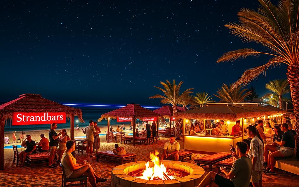A lively beachfront scene along the coast of Cyprus, with a row of vibrant, neon-lit "Strandbars" dotting the shoreline. Cozy cabanas, thatched umbrellas, and palm trees create a warm, tropical ambiance. Patrons sip cocktails and dance to pulsing music, while the night sky is alight with a dazzling display of stars. In the foreground, a group of friends gather around a fire pit, enjoying the cool ocean breeze. The image conveys a sense of carefree revelry and the allure of Cyprus' vibrant nightlife. #MyNiceCyprus