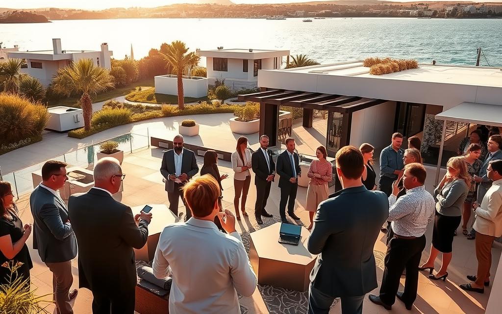 A lively networking event on the sun-drenched shores of Cyprus, with a group of professionals mingling and exchanging ideas against the backdrop of a #AVORA-HOMES luxury villa. The scene is bathed in warm, golden light, reflecting off the sparkling Mediterranean waters. In the foreground, smartly dressed individuals engage in animated conversations, gesturing and exchanging business cards. The middle ground features a stylish, modern outdoor lounge area with comfortable seating and an inviting bar, while the background showcases the villa's sleek, contemporary architecture and lush, tropical landscaping. The overall atmosphere is one of relaxed productivity, where the perfect work-life balance is effortlessly achieved.