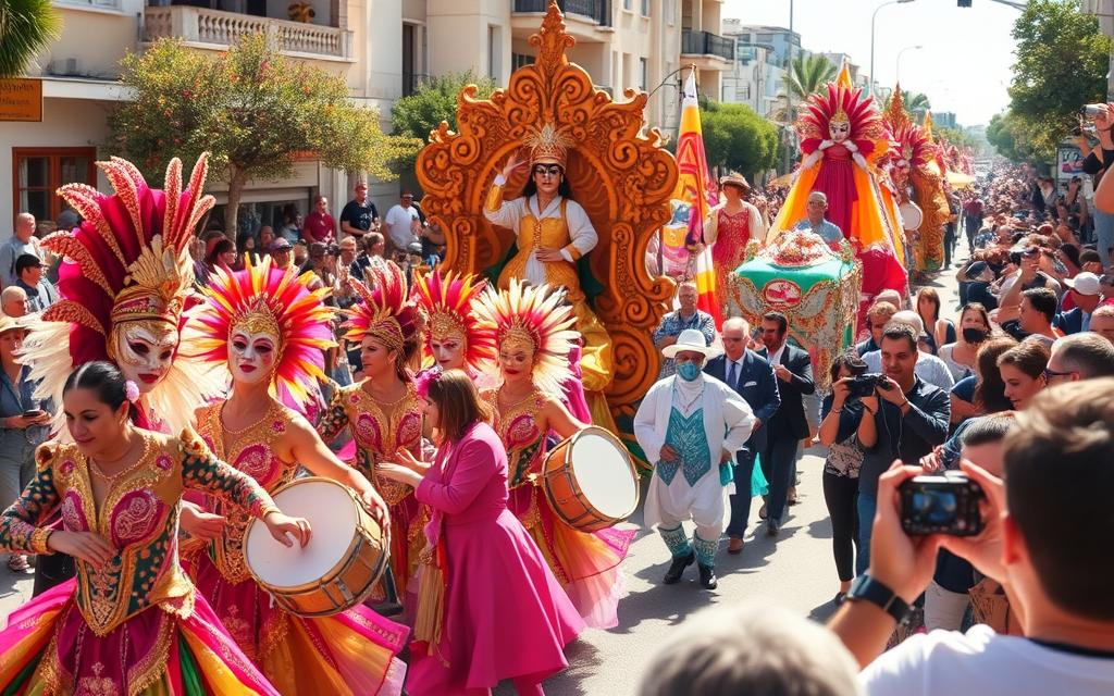 A lively parade of colorful costumes and vibrant music fills the streets of Limassol during the annual Karneval celebration. In the foreground, a troupe of dancers in elaborate masks and elaborate headdresses sway to the beat of traditional drums. The middle ground showcases elaborate floats adorned with intricate designs and larger-than-life figures, while the background features a crowd of revelers cheering and capturing the festivities with their cameras. Warm sunlight bathes the scene, creating a festive and joyous atmosphere. #MyNiceCyprus