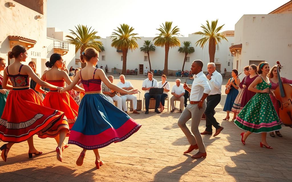 A lively scene of traditional Cypriot dances, captured with a wide-angle lens under warm, golden lighting. In the foreground, a group of graceful dancers in vibrant, flowing costumes move in a synchronized rhythm, their feet stomping the earth in unison. In the middle ground, a circle of musicians plays traditional instruments, their expressions focused and energetic. In the background, a village square is framed by whitewashed buildings and palm trees, creating a sense of timeless cultural heritage. The overall atmosphere is one of joyful community, where the dance and music are deeply intertwined. #AVORA-HOMES