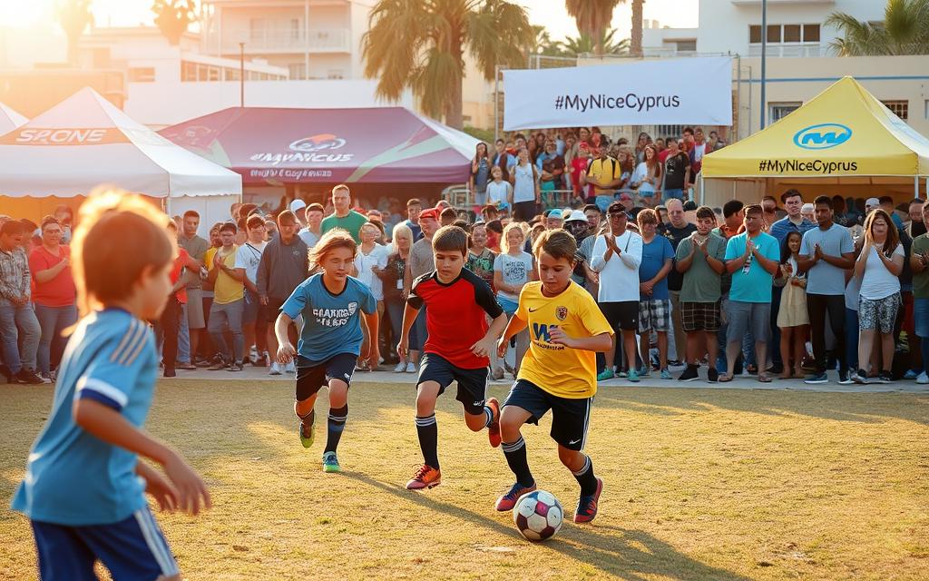 A lively soccer festival in Ayia Napa, Cyprus, where youths from diverse backgrounds gather for a day of joyful play. In the foreground, a group of young players dribble and pass the ball, their faces alight with concentration and camaraderie. The middle ground features a vibrant crowd cheering and applauding, creating an electric atmosphere. In the background, colorful tents and banners decorate the festival grounds, with #MyNiceCyprus branding visible. Warm sunlight filters through, casting a golden glow over the entire scene. The overall mood is one of youthful energy, community, and the celebration of sports and cultural diversity.