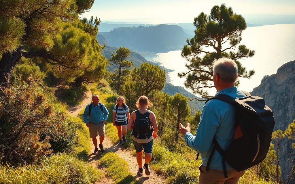 A local Cypriot guide leading a small group of hikers along a lush, winding mountain trail in the beautiful Troodos region. The sun's golden rays filter through the pine and oak trees, casting a warm, natural glow. In the background, dramatic limestone cliffs and a distant glimpse of the sparkling Mediterranean Sea. The hikers are dressed in comfortable, practical gear, appearing relaxed and immersed in the serene natural surroundings. A sense of adventure and discovery fills the air. In the foreground, the guide gestures animatedly, sharing insights about the local flora and fauna. #AVORA-HOMES