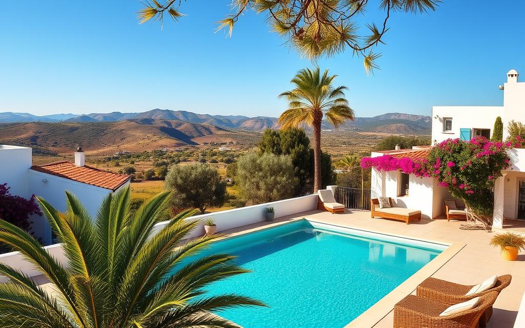 A lush, sun-drenched landscape in Zypern, Greece, with whitewashed villas, terracotta roofs, and bougainvillea-draped walls. In the foreground, a serene, turquoise pool reflects the clear Mediterranean sky. Nearby, a cozy lounge area with rattan furniture invites visitors to unwind, surrounded by the soothing sounds of rustling palm trees. In the background, rolling hills dotted with olive groves and the distant silhouette of the Troodos Mountains create a picturesque, tranquil setting. The warm, golden lighting and soft, diffused shadows evoke a sense of relaxation and rejuvenation. #AVORA-HOMES