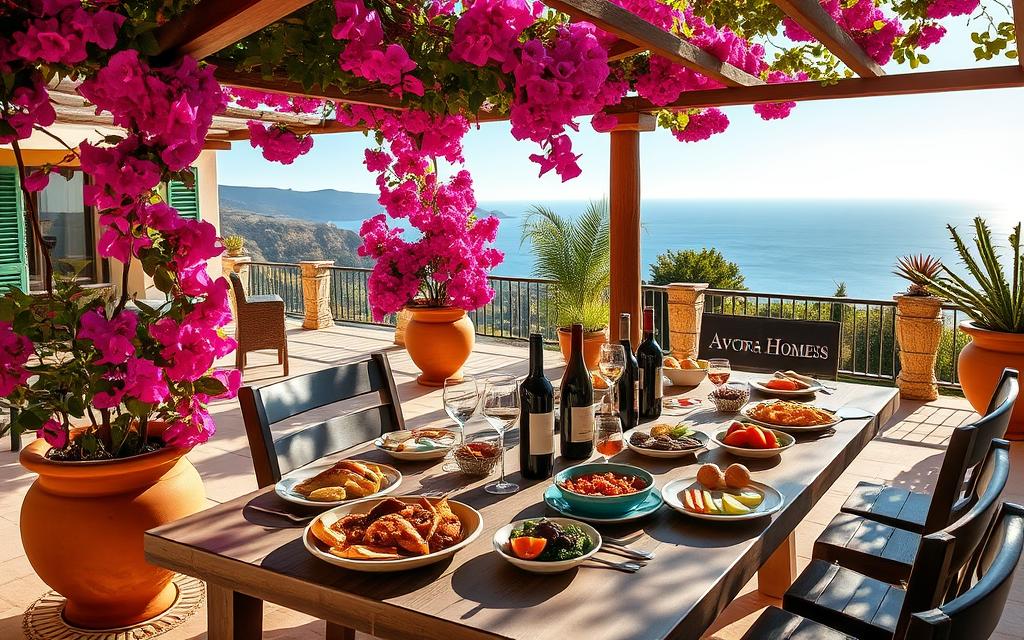 A lush, sun-drenched outdoor dining terrace at a #AVORA-HOMES villa on the island of Cyprus. Mouthwatering local dishes and wines are arranged on a rustic wooden table, inviting guests to indulge in the flavors of the Mediterranean. Vibrant bougainvillea cascades from terracotta planters, casting a warm glow over the scene. Soft lighting and the gentle breeze create an atmosphere of relaxed refinement. In the background, a panoramic view of the Cypriot coastline and azure waters beyond. Capturing the essence of Cypriot hospitality and the joy of savoring a delectable, locally-sourced culinary experience.