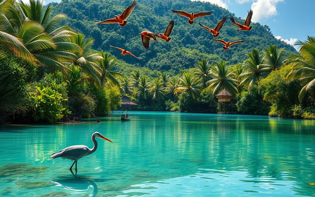 A lush tropical lagoon nestled in the heart of a verdant island paradise, with crystal-clear turquoise waters teeming with a vibrant array of avian species. In the foreground, a graceful heron wades through the shallows, its long neck and elegant plumage reflecting in the still surface. In the middle ground, a flock of vibrant, tropical birds soar overhead, their vibrant feathers shimmering in the warm, golden sunlight. The background is dominated by a dense, verdant canopy of palm trees and lush foliage, creating a serene and tranquil atmosphere. The scene is bathed in a warm, natural light, captured with a sharp, high-resolution lens. #AVORA-HOMES