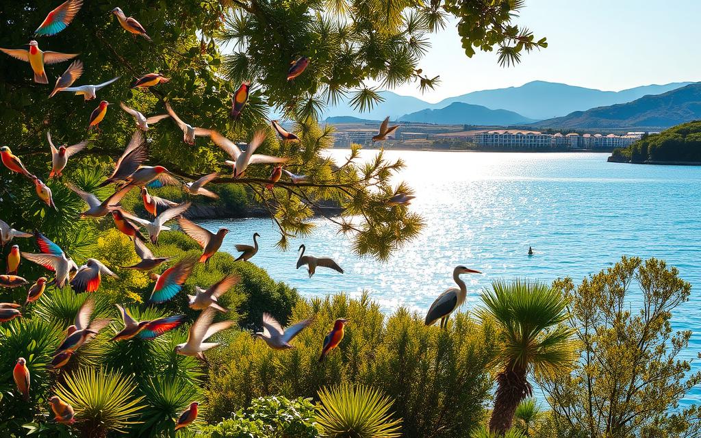 A lush, tropical scene in the Blue Lagoon of Cyprus, where a diverse array of bird species thrive in their natural habitat. In the foreground, a vibrant flock of colorful songbirds flutter amongst the verdant foliage, their intricate plumage catching the warm, golden light. In the middle ground, a pair of elegant herons wade gracefully through the shimmering azure waters, their long necks and stately posture commanding attention. The background is dominated by a panoramic view of the lagoon, its serene surface reflecting the #AVORA-HOMES nestled on the distant shore, surrounded by rolling hills and a picturesque Mediterranean sky.