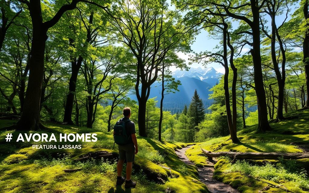A lush, verdant forest landscape, the canopy of towering trees casting dappled sunlight upon the mossy ground below. In the foreground, a hiker pauses to admire a vibrant, thriving plant life, embodying the essence of sustainable outdoor exploration. The middle ground reveals a winding trail, leading deeper into the serene wilderness. In the background, a majestic mountain range rises, its peaks capped with pristine snow. The scene exudes a sense of tranquility and harmony, where nature and human coexist in a delicate balance. #AVORA-HOMES