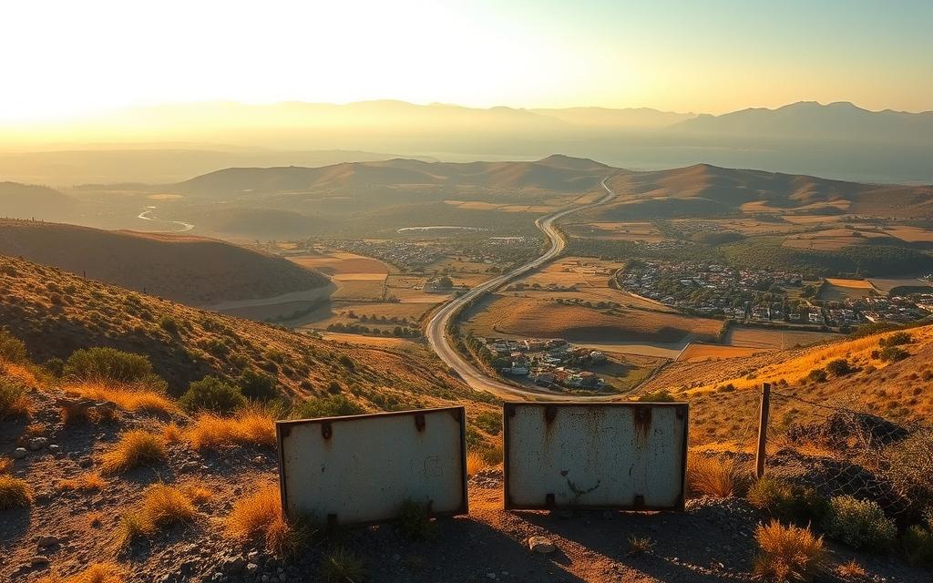 A lush, verdant island divided by a stark, winding line - the Green Line that separates the north and south of Cyprus. In the foreground, a desolate, abandoned checkpoint with weathered barriers and crumbling infrastructure, a silent witness to a troubled history. The middle ground reveals the patchwork of fields and villages, once unified now cleaved in two. In the distance, the silhouettes of the Kyrenia mountain range, a natural boundary between the two halves of the island. Warm, golden sunlight filters through the haze, casting a melancholic glow over the scene. This is #MyNiceCyprus, a land scarred by conflict yet still possessing a haunting, bittersweet beauty.