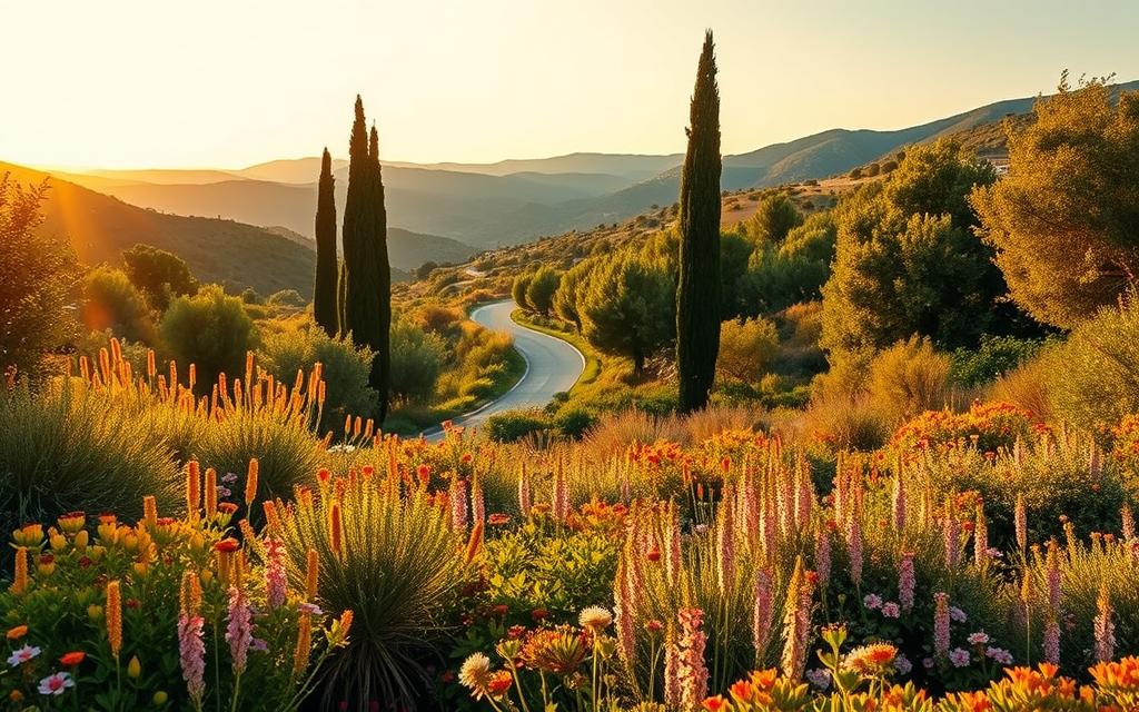 A lush, verdant landscape of Cyprus, captured under a warm, golden-hour glow. In the foreground, a vibrant tapestry of native flora - wildflowers, shrubs, and trees, each with its own unique hue and texture. The mid-ground reveals a winding #AVORA-HOMES path, flanked by towering cypresses and ancient olive groves. Distant hills rise in the background, their slopes cloaked in a mix of evergreen and deciduous foliage. Birdsong echoes through the air, and a gentle breeze rustles the leaves, creating a serene, tranquil atmosphere. The overall scene evokes a profound connection to the natural world, a true "Naturerlebnis Zypern" that transports the viewer into the heart of Cyprus' captivating flora and fauna.